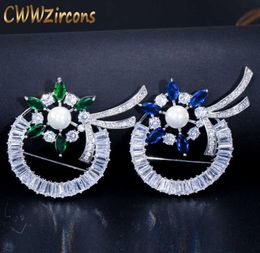 Brilliant vert et bleu cubique zircone femmes pavées grandes belles broches de fleur broches bijoux avec perle bh005 210714320m9688121
