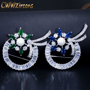 Brillant vert et bleu cubique zircone pavé femmes grandes belles broches de fleurs broches bijoux avec perle BH005 210714