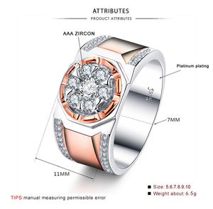 Briljante mannelijke grote diamant ring mode 925 zilver / rose gouden bruiloft sieraden luxe partij trouwringen voor mannen