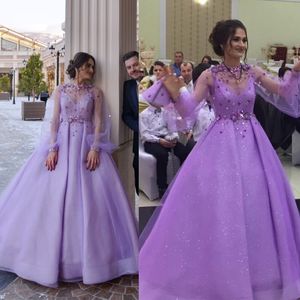 Brillant violet robes de bal gonflé à manches longues robe de soirée avec 3D fleur froncé robe de bal robe de soirée pour arabe dubaï