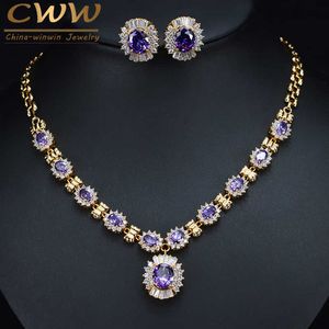 Brillant rond Dangle Drop violet cristal collier de mariée et ensemble de boucles d'oreilles Dubai or couleur bijoux de mariage T275 210714