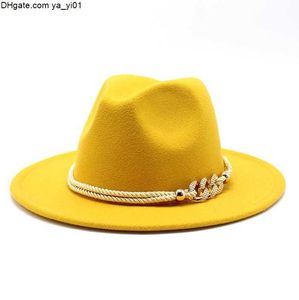 Rand Hoeden Brede Vrouwen Mannen Wolvilt Jazz Fedora Panama Stijl Cowboy Trilby Party Formele Kleding Hoed Grote Maat Geel Wit 58-60 CM a1