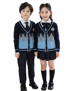 Traje de uniforme escolar de estudiante de escuela primaria de primavera y otoño de estilo de academia británica, ropa para niños, traje de suéter de punto 58Ex #