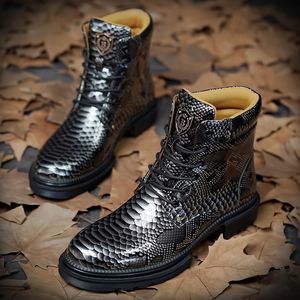 British Casual Short Boots Men schoenen Fashion Classic Pu Retro Snake Patroon Round Head Lacing Street Outdoor Daily AD334