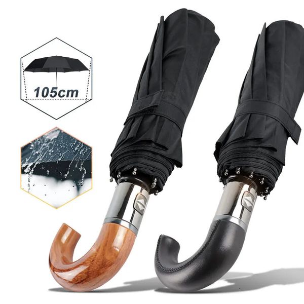 British Leather Handle Umbrella Men Automatic Business 10ribs Strong Windproof 3 Pliage Big Umbrella Rain Woman Femme Quality Parasol 240301