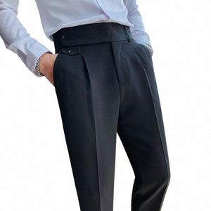 Britse herenbroek hoge taille busin casual werkpak broek butt riem slim fit dr kleding mannelijk kaki wit zwart a78S #
