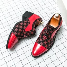British pointu-toe rouge talons hauts masculins en cuir breveté Coutures de chaussures masculines a augmenté les chaussures en cuir de 6 cm de performance de 6 cm