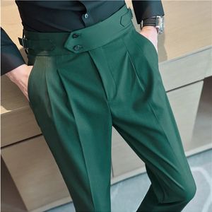 Estilo británico otoño nuevos pantalones de cintura alta diseño de cinturón para hombre conjunto ultrafino pantalones oficina social fiesta de boda pantalones formales para hombres 240228