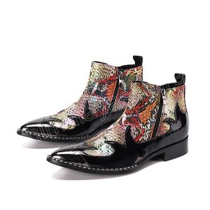 Zapatos de punta estrecha de talla grande de estilo británico, botas cortas con cremallera y patrón elegante, botas clásicas de vestir de cuero auténtico para hombre