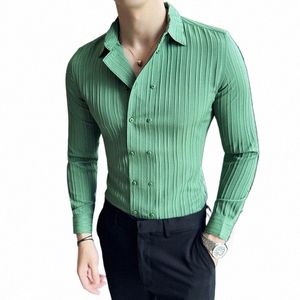 Britse Stijl Double Breasted Shirt Voor Mannen Gestreept Lg Mouwen Casual Busin Dr Shirts Slim Fit Sociale Party Streetwear R4N3 #