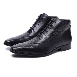 Style britannique en cuir véritable bottes hommes bout carré affaires bottines homme fête de mariage à lacets chaussures habillées