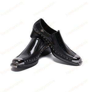 Zapatos de vestir de cuero genuino de estilo británico para hombres, zapatos de punta de metal de gran tamaño para hombres, zapatos sin cordones, zapatos formales de moda para hombres con punta cuadrada