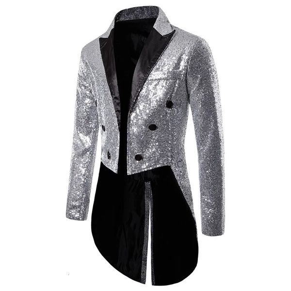 Costume de smoking de Style britannique pour hommes, manteaux de costume à paillettes, blazer décoratif à la mode, veste longue pour fête de mariage, 240124