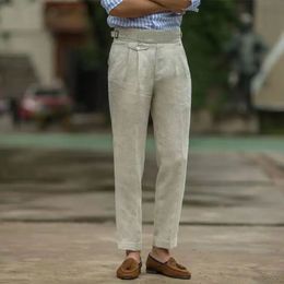 Britse stijl mannen Gurkha linnen Pant Hoge taille rechte anklellenlengte broek lente zomerkwaliteit dunne casual losse broek 240415