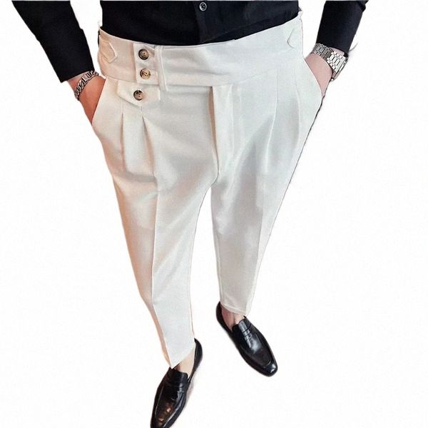 Estilo británico hombres de cintura alta pantalones dr 2023 otoño color sólido pantalones casuales slim fit traje formal pantalones fi hombres ropa y89m #