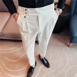 Britse Stijl Mannen Hoge Taille Jurk Broek Herfst Effen Kleur Casual Broek Slim Fit Formele Pak Broek Mode Mannen Kleding 240220