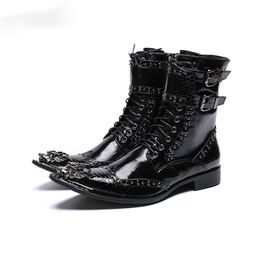 Style britannique hommes mi-mollet bottes en cuir moto Cowboy bottes formelles hommes robe brillante Rivets chaussures