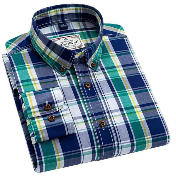 Camisa informal de manga larga a cuadros de estilo británico para hombre, diseño de cuello de botón de ajuste Regular, 100% algodón, camisas sociales masculinas de alta calidad 210626