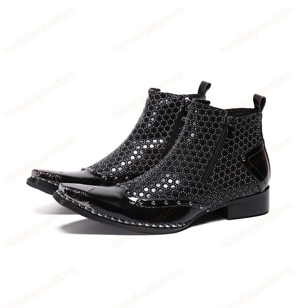 Bottines à bout pointu en métal noir pour hommes, bottes courtes d'affaires en cuir véritable, grande taille, Style britannique