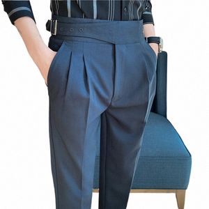 Style britannique Hommes Taille Haute Pantalons Ceinture Design Couleur Unie Pantalon Slim Bureau Formel Fête De Mariage Social Dr Costume Pantalon b2cv #