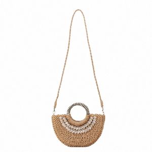 style britannique demi-cercle portant sac tissé de paille cousu à la main coquille naturelle sac tissé fi vacances plage sac femme z9RC #