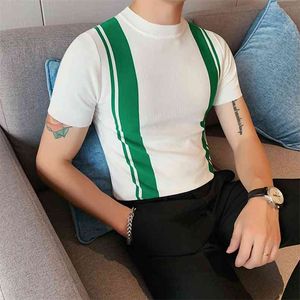 Britse stijl zomer slim fit gebreide t-shirts mannen korte mouw mode O-hals contrast kleur gestreept Tee Shirt Homme 3XL 210707