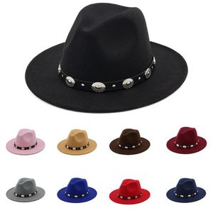 Hat de casquette de jazz laine de style britannique pour femmes vintage utomn hiver dames fedora chapeaux avec ceinture en métal femelle chapeaux de bord gh-218292v