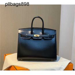 Brknns Handbag en cuir authentique 7a Boîte à main 25 cm noire avec or externe coudre High Womensn3Se
