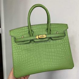 Brkns Handbag Genuine Cuir 7a Handswen Bk25 Domestic Water Dyed Matt Crocodile Skin Half Hand Couture Craft Avocado Green Bage4KU