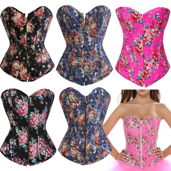 Brokat Denim Blumen Gepolstertes Korsett Frauen Sexy Cowboy Schnürung Mix Stile S-XXL Mehrfarbig Mode Reißverschluss Vollbrust Bustier