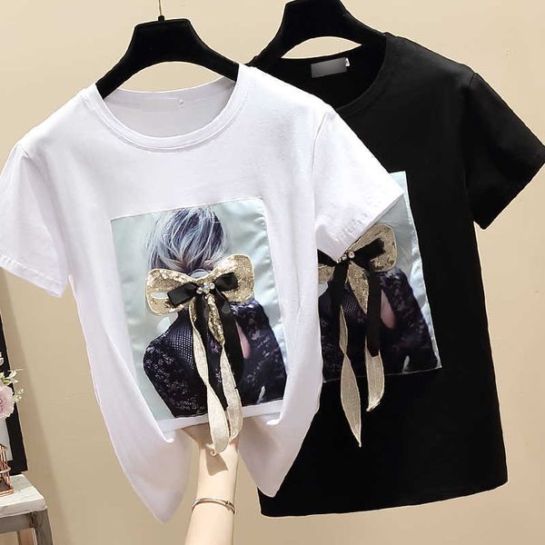 Trou cassé Black Femme T-shirt à manches courtes coréen Top Fashion Slim O-Cou Coton Blanc Harajuku T-shirt Femmes 210604