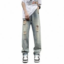 Agujero roto High Street Distred Jeans Hombres Nueva tendencia Estilo coreano Tubo recto Desgastado Pantalones de mezclilla Hip Hop Jeans rasgados r9Wj #