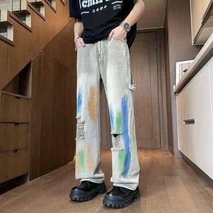 Gebroken gat PI Shuai Gao Street Gele Mud Wash Jeans Vibe Tie geverfde broek Trendy Brand Men's rechte been broek