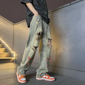 Jeans cassés pour hommes Summer High Street mendiant pantalon de jambe droite