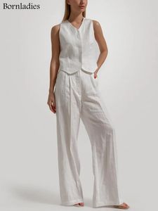 Bronladies Summer Womem Chic Cotton Linen Vest Shorts Suit Twopiece Set 2023 Office Ladies 2 pièces Setfits 240326