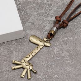 Collier en Bronze avec pendentif girafe, chaîne réglable en cuir, pour femmes et hommes, Hip Hop, bijoux à la mode, cadeau