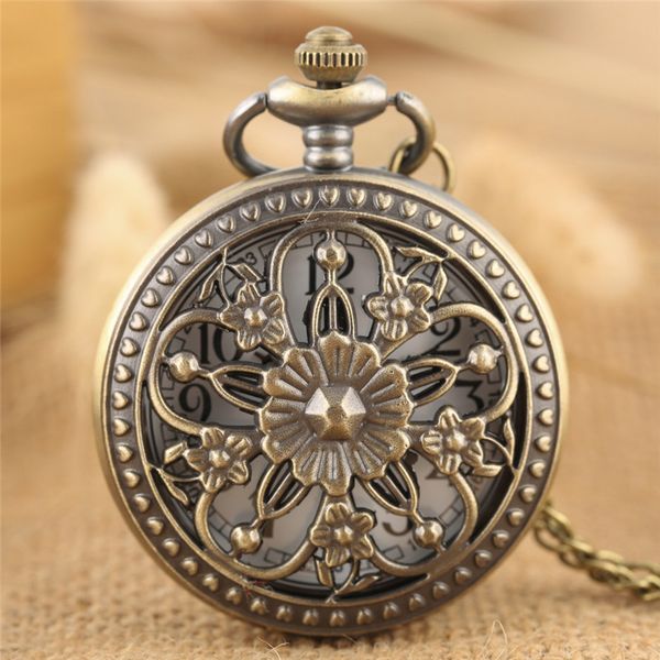 Reloj de bolsillo de cuarzo con flor de belleza calado Vintage antiguo de bronce, relojes analógicos Steampunk para mujer, reloj, collar, reloj de cadena, regalo