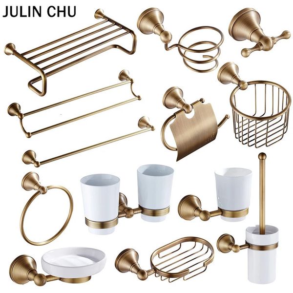 Accesorios de baño de bronce Conjunto de hardware Antiguo Secador de pelo Estante Abrigo Toalla Estante Barra Barra Ducha Jabonera Titular Cepillo de baño 240312