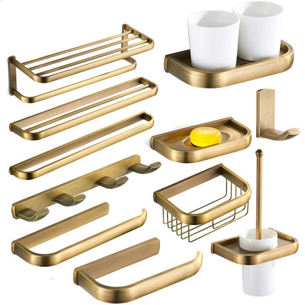 Accesorios de baño de bronce Juego de herrajes Estante de toalla de baño de latón antiguo WC Portaescobillas Rollo de papel Cesta Toalla Anillo Ganchos para abrigos 240312