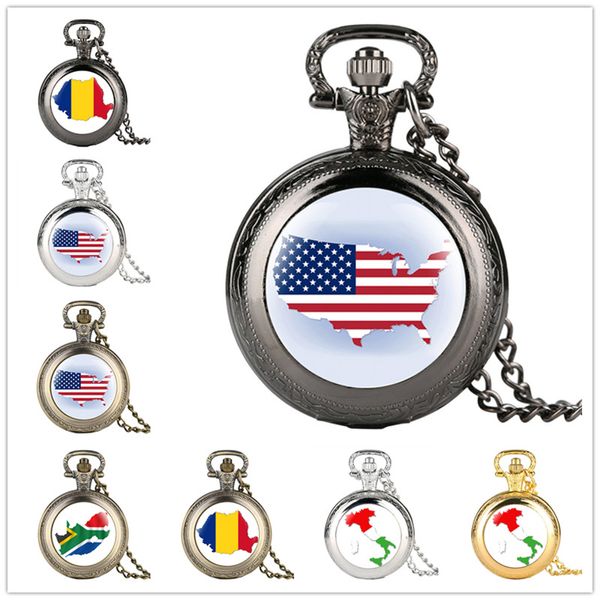 Bronze/noir/argent/or montres roumanie/hongrie/italie/états-unis/afrique du sud pays drapeau conception unisexe montre de poche à quartz chaîne souvenir