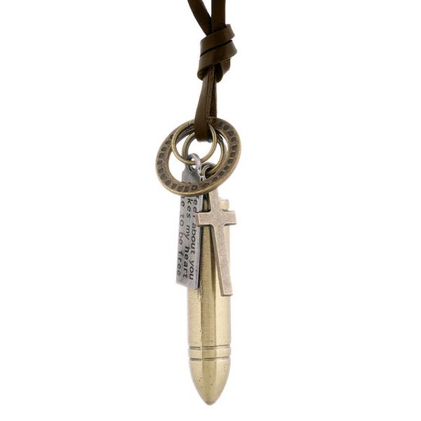 Collier pendentif croix balle en Bronze, chaîne réglable, colliers en cuir pour femmes et hommes, Punk, bijoux à la mode, cadeau