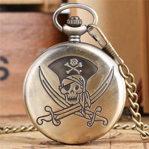 Bronce Piratas clásicos del diseño del cráneo Relojes de bolsillo Steampunk Reloj de cuarzo Collar Cadena Regalos Hombres Mujeres Kids183D