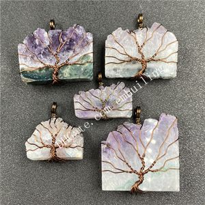 Brons koperdraad verpakt freeform natuurlijke amethist geode plak hanger handgemaakte onregelmatige witte rock quartz druzy crystal cluster stamboom van leven ketting