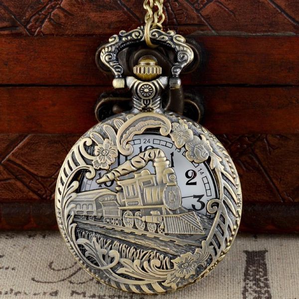 Bronze creux Train thème plein Quartz gravé Fob rétro pendentif montre de poche chaîne cadeau pompier Theme246b