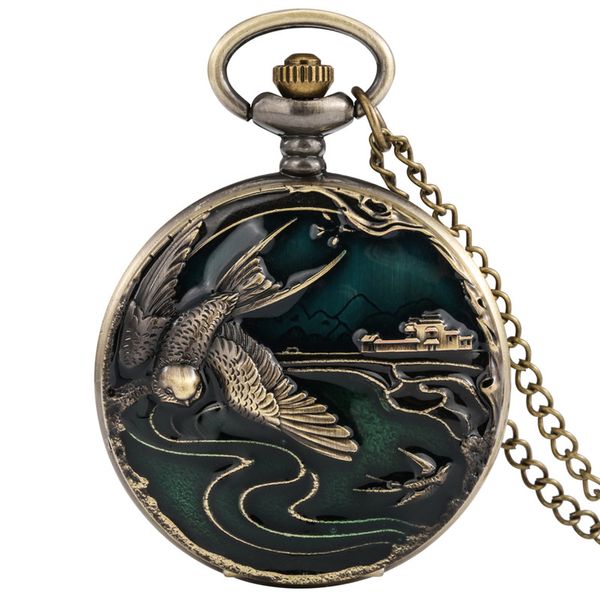Bronze ancienne mode grue volante montre boîtier en alliage hommes femmes Quartz analogique montres de poche collier chaîne numéro arabe affichage