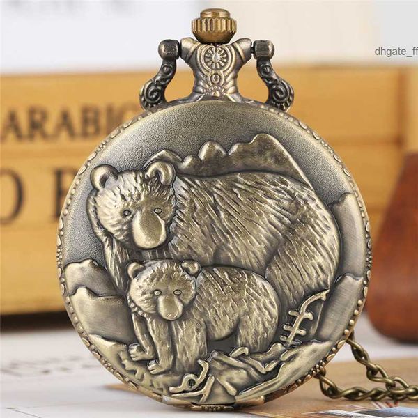 Bronze Polar Bears Afficher le quartz Fob Pocket Watch Vintage Pendant Collier Collier Retro Corloge Retro Cadeaux Kend Men Femmes