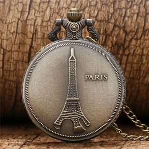 Bronzen Retro Frans Parijs Eiffel Tower Pocket Horloge Mannen Dames Analoge Quartz Horloges Klok met Ketting Ketting Souvenir Gift