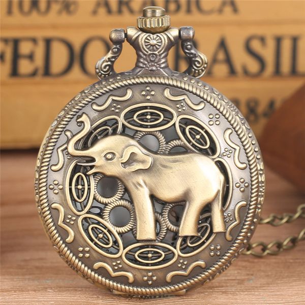 Bronze Rétro Creux Cas Éléphant Asiatique Conception Quartz Montre De Poche Hommes Femmes Montres Vintage Collier Chaîne Horloge Cadeaux