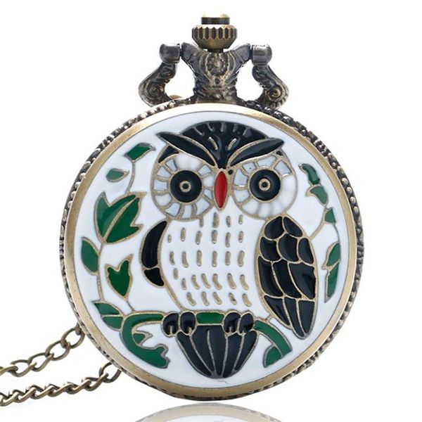 Bronze petit Animal époxy dessin animé hibou peinture montre De poche Quartz horloge collier chaîne Relogio De Bolso cadeaux pour hommes femmes 2928