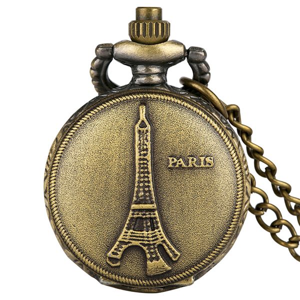 Reloj de bronce de tamaño pequeño, cubierta de aleación de la Torre de París, relojes de bolsillo de cuarzo Unisex, collar de número árabe, cadena de recuerdo